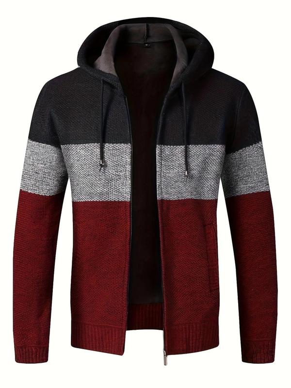 Men's Colorblock Zip Up Drawstring Hooded Cardigan, Regular Fit Casual Long Sleeve Pocket Cardigan for Fall & Winter, Men's Knit Clothing for Daily Wear