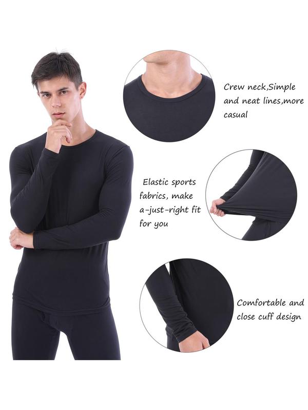 Men's Solid Long Sleeve Thermal Underwear Top, Casual Comfy Warm Round Neck Top for Fall & Winter, Men's Underwear for Daily Wear