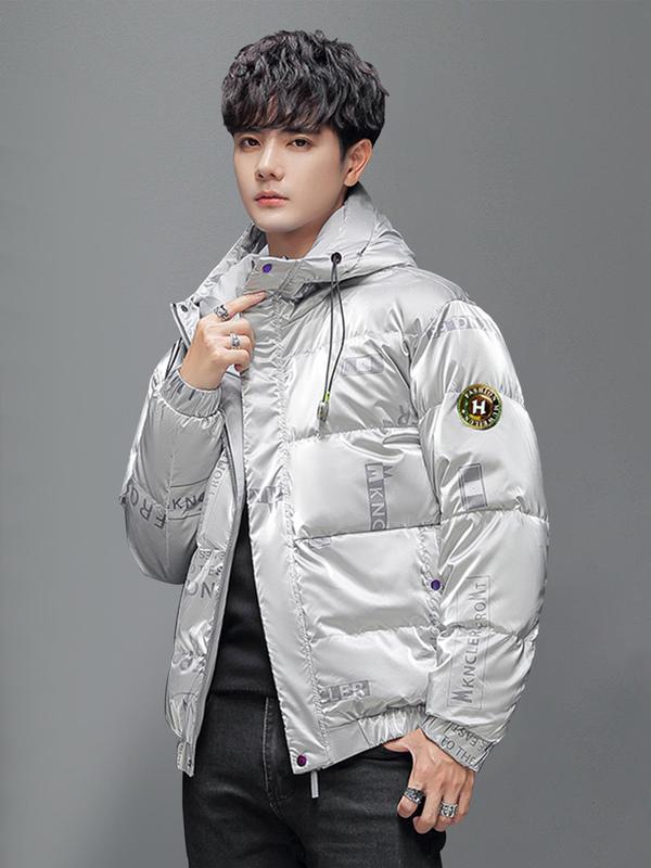 Men's Letter Print Zip Up Hooded Down Coat, Casual Regular Fit Long Sleeve Pocket Design Outerwear for Winter, Men's Clothes for Daily Wear