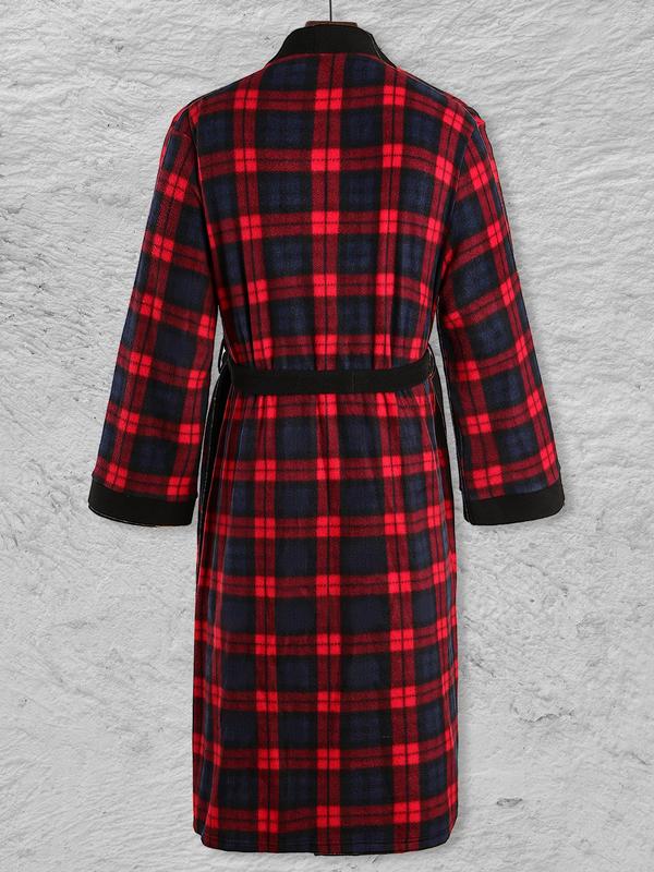 Men's Plaid Print Belted Bathrobe, Casual Long Sleeve Pocket Design Bathrobe, Men's Sleepwear for Fall & Winter