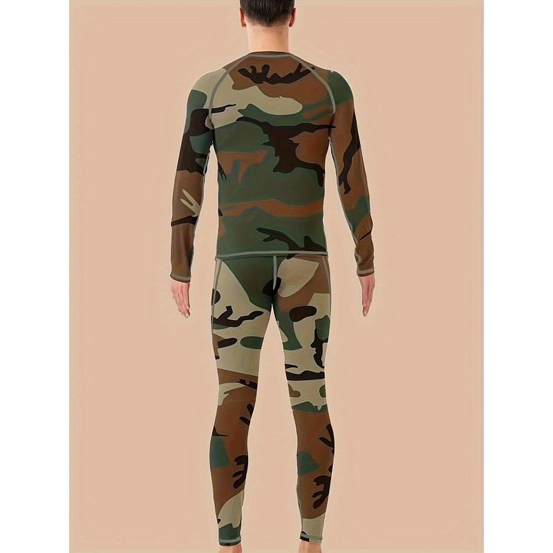 Men's camouflage print thermal underwear, wool autumn clothing set, winter hunting outdoor running cycling skiing equipment sports