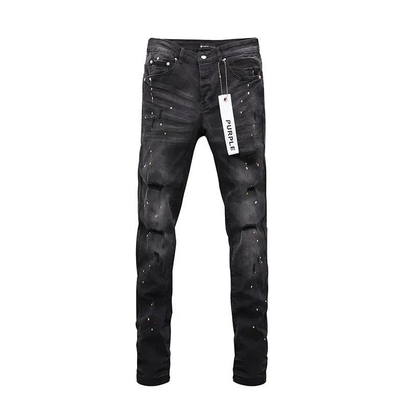 Purple Brand Jeans American High Street Ripped Ink Splashed Distressed Black Wash Stylish and slim pants