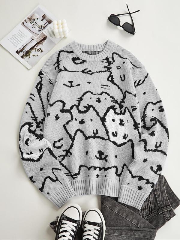 Men's Cartoon Cat Print Drop Shoulder Sweater, Fashion Casual Soft Comfy Regular Fit Long Sleeve Round Neck Jumper For Summer, Men's Knitwear For Daily Wear