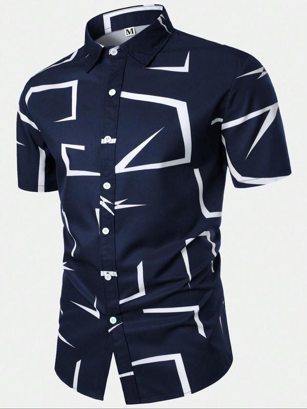 Men's All Over Print Button Front Shirt, Regular Fit Short Sleeve Shirt Colloar Button Up Top for Summer, Fashion Men's Streetwear Clothes for Casual Daily Wear