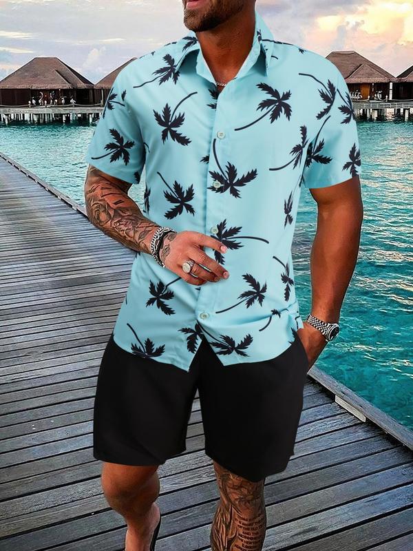 2 Counts Men's Plants Print Shirt & Pocket Drawstring Shorts Set, Boho Casual Tropical Print Button Down Hawaiian Shirt & Shorts, Men's Outfits for Summer Beach Vacation Formal Wear, Menswear Suits