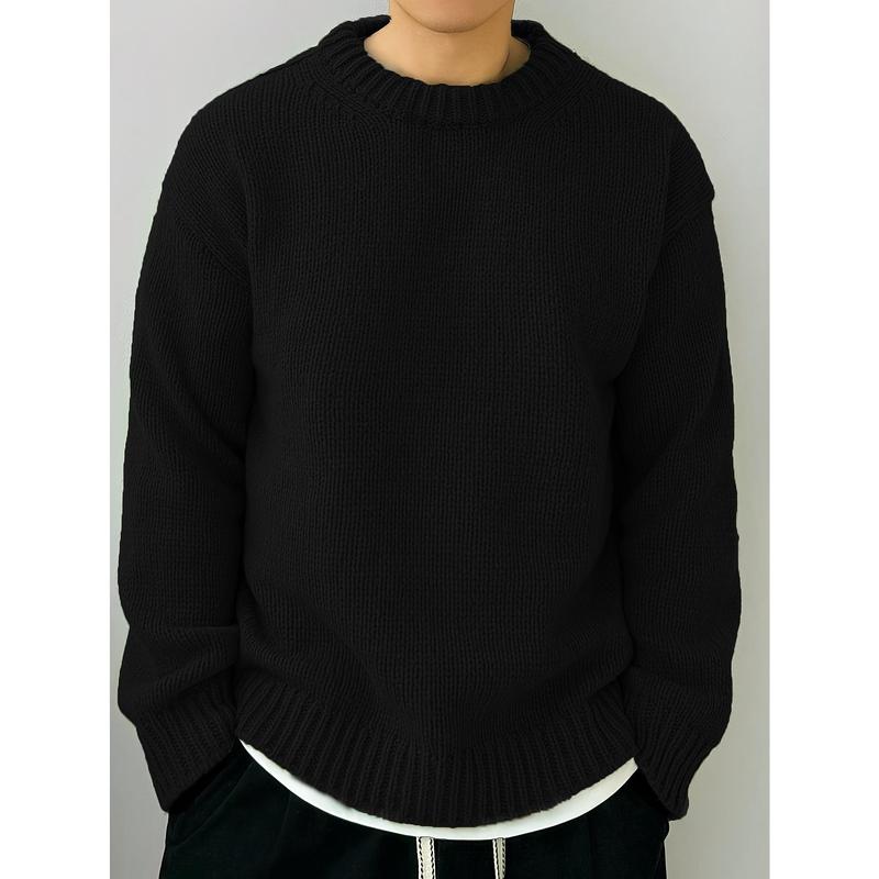 Men's Solid Knitted Pullover, Casual Long Sleeve Crew Neck Sweater For Fall Winter