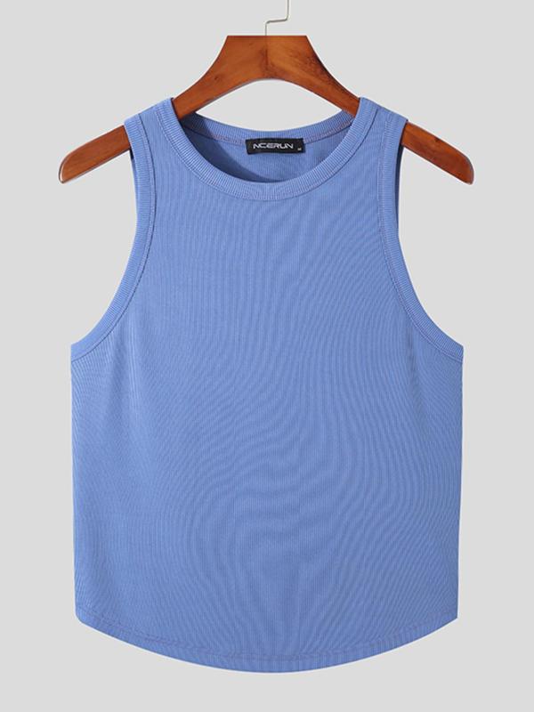 Men's Solid Curved Hem Round Neck Tank Top, Casual Sleeveless Crew Neck Tee for Summer, Fashion Men's Top for Daily Wear