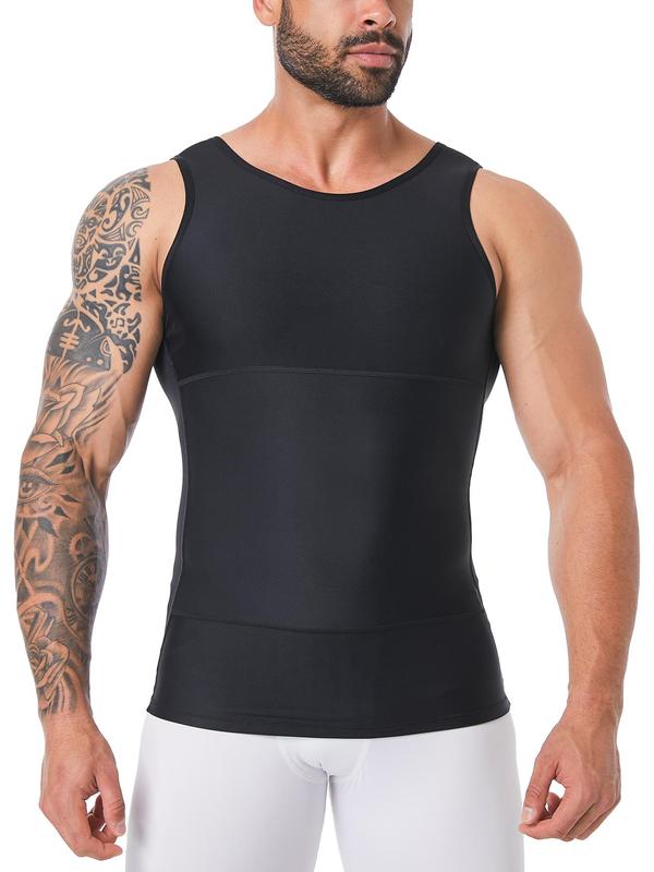 Men's Solid Round Neck Shapewear Tank Top, High Stretch Tummy Control Compression Top, Men's Shapewear for Daily Wear