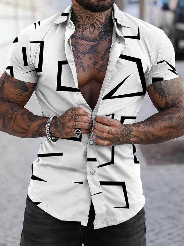 Men's All Over Print Button Front Shirt, Regular Fit Short Sleeve Shirt Colloar Button Up Top for Summer, Fashion Men's Streetwear Clothes for Casual Daily Wear