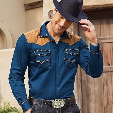 COOFANDY Men's Western Cowboy Shirt Embroidered Long Sleeve Slim Fit Casual Cotton Button Down Hippie Shirts with Pockets Classic Fashion Menswear Buckle Costume Denim Dress Embroidery Patchwork Retro