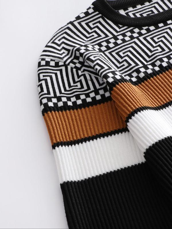 Men's Colorblock Striped Print Round Neck Sweater Pullover, Regular Fit Casual Long Sleeve Crew Neck Jumper for Fall & Winter, Fashion Men's Knitwear for Daily Wear