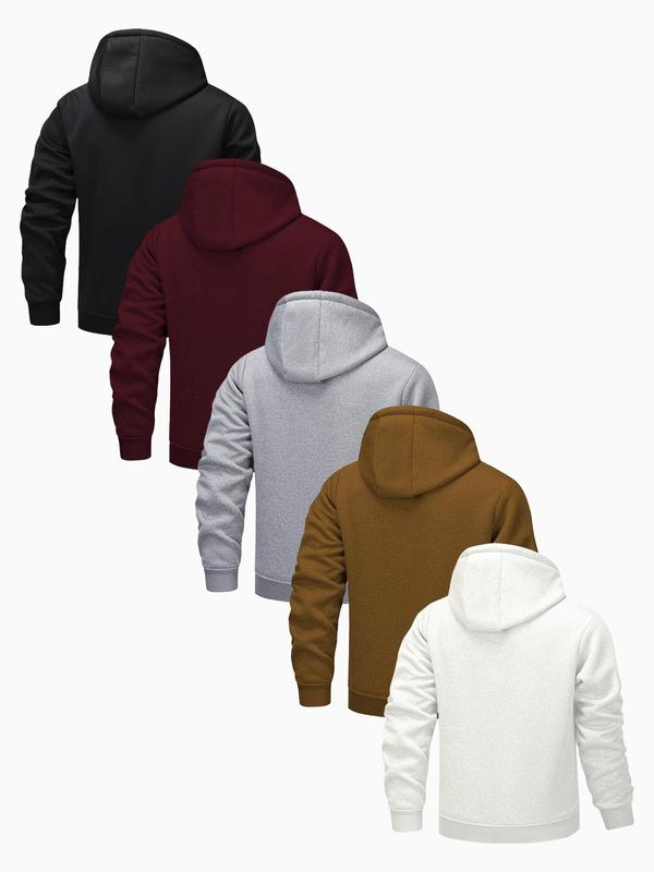 Men's Solid Zip Up Fleece Jacket, Regular Fit Casual Long Sleeve Drawstring Pocket Hooded Jacket for Fall & Winter, Men's Outerwear for Daily Wear