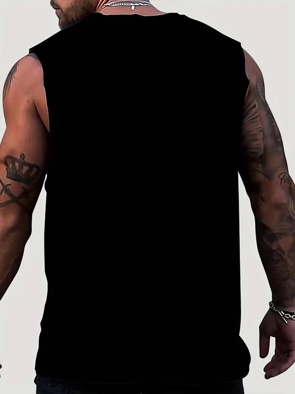 Men's Weightlifting Graphic Round Neck Tank Top, Casual Loose Sleeveless Top for Daily Outdoor Wear, Men's Top for All Seasons