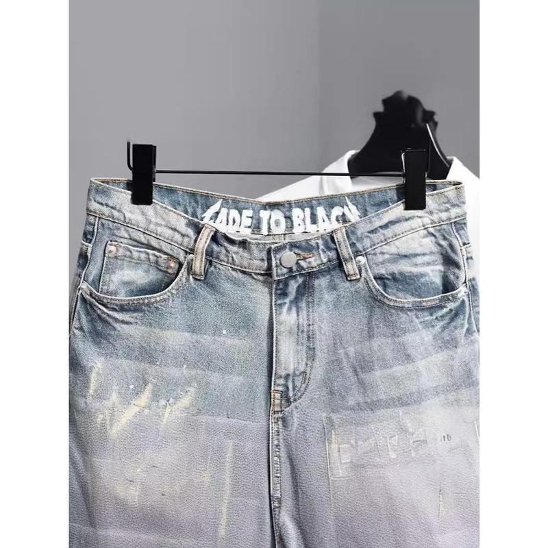 Retro Washed Distressed Raw Hem Ripped Denim Shorts Men's Pu Handsome Straight Beggar Fifth Wide-Leg Pants