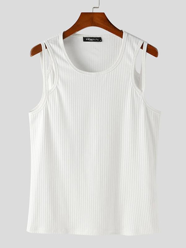 Men's Plain Cut Out Round Neck Ribbed Tank Top, Regular Fit Casual Sleeveless Crew Neck Top for Summer, Fashion Men's Clothes for Daily Wear