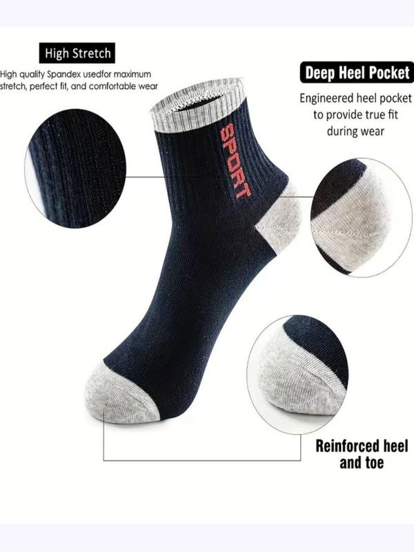 Men's Colorblock & Letter Print Crew Socks, Casual Moisture Wicking Socks, Soft Comfy Breathable Socks for All Seasons Daily Wear