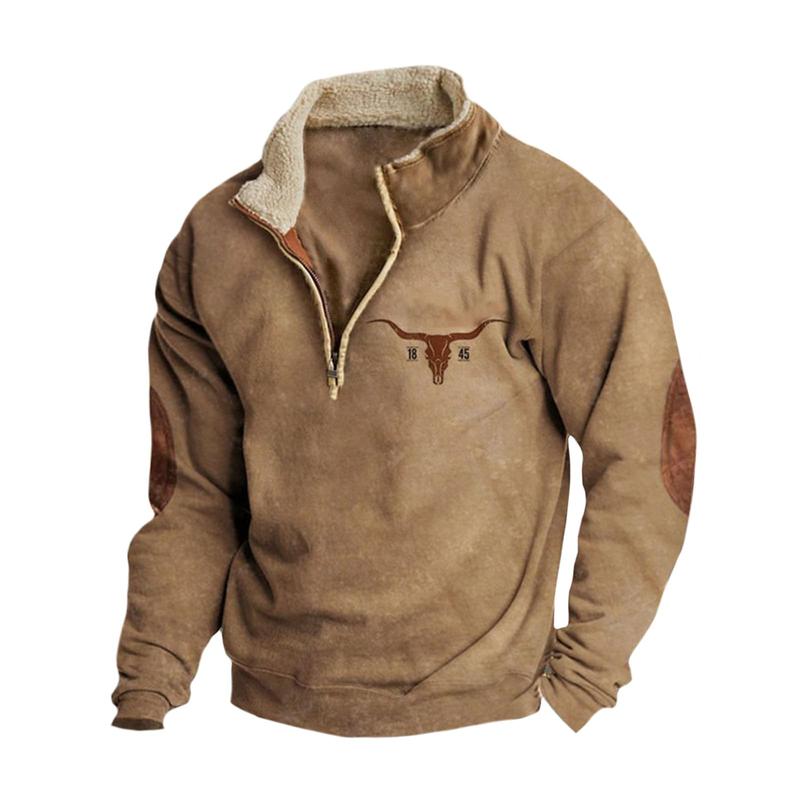 Men's Western Fleece Jacket Cowboy Bull Head Print Pullover 1 4 Zip Stand Collar Long Sleeve Sweatshirts Tops