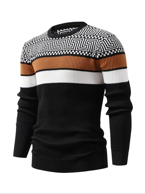 Men's Colorblock Striped Print Round Neck Sweater Pullover, Regular Fit Casual Long Sleeve Crew Neck Jumper for Fall & Winter, Fashion Men's Knitwear for Daily Wear