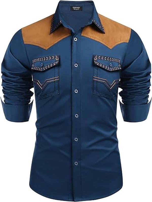 COOFANDY Men's Western Cowboy Shirt Embroidered Long Sleeve Slim Fit Casual Cotton Button Down Hippie Shirts with Pockets Classic Fashion Menswear Buckle Costume Denim Dress Embroidery Patchwork Retro