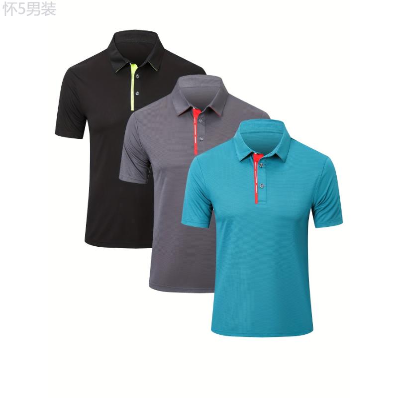 3-Pack Breathable Quick-Dry Performance Polos - Men's Golf Shirts with Color-Block Collar, 3 Buttons, and Moisture-Wicking Fabric for Outdoor Sports and Active Wear Menswear Top Polyester Sleeve Stretch Casual Tropical Knit Shortsleeve Beige Plain