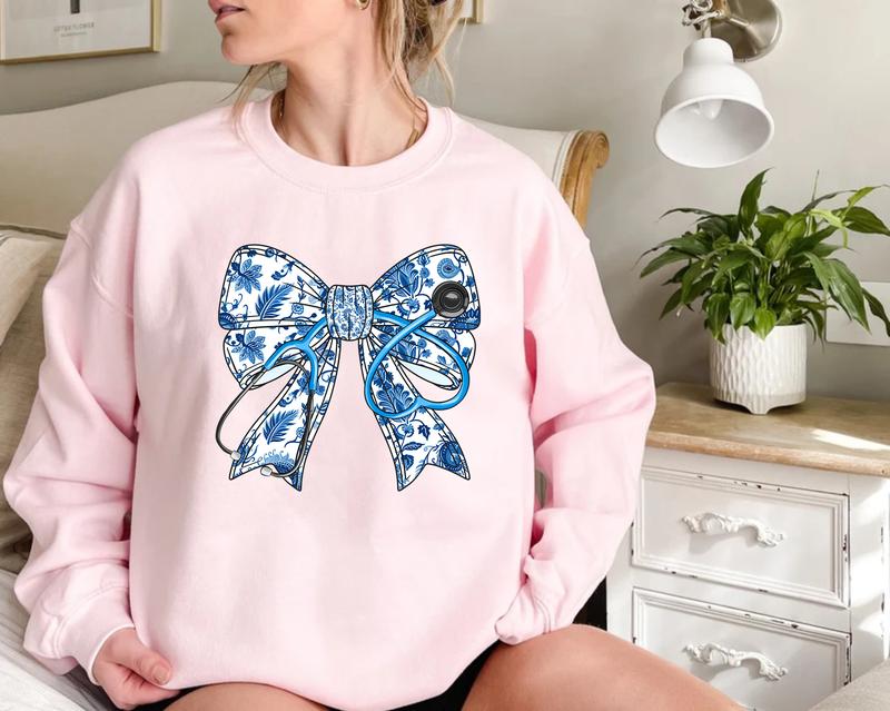 Nurse Stethoscope Bow Sweatshirt - Blue Ribbon Shirt for Nurses - Pullover, Fabric