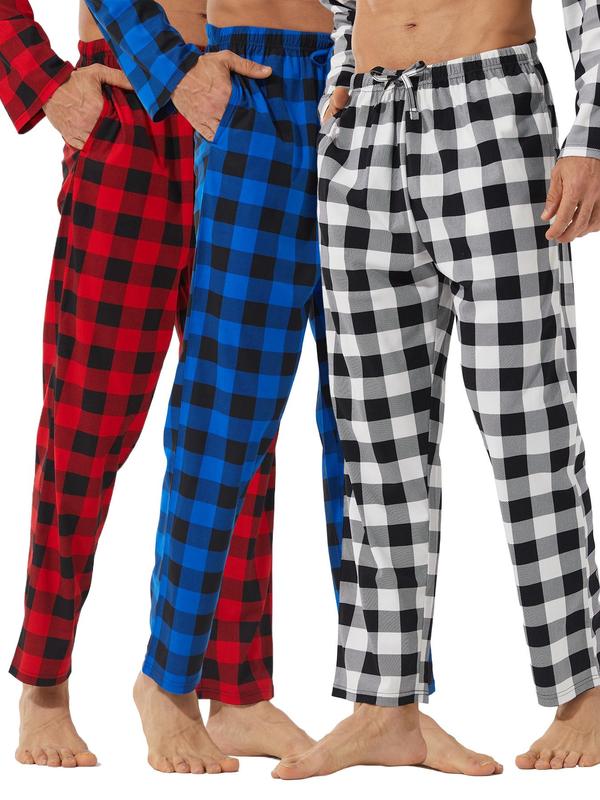 Men's Plaid Print Tie Front Pajama Pants, Casual Comfy Elastic Waist Pocket Lounge Pants, Men Sleepwear for Spring & Fall