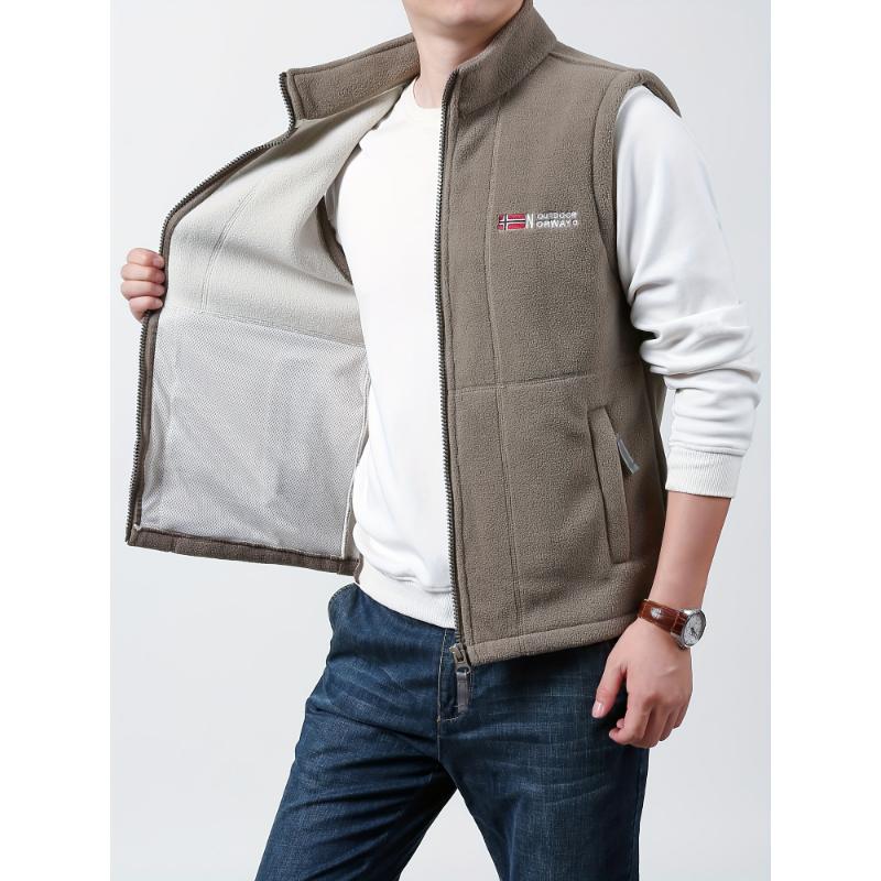 Men's Vest, Casual Fashion, Soft Comfort, Zippered Pockets, Stand-Up Collar, Polyester, Regular Length, Sleeveless, Spring Autumn, Solid Color, Knitted Fabric, Regular Fit