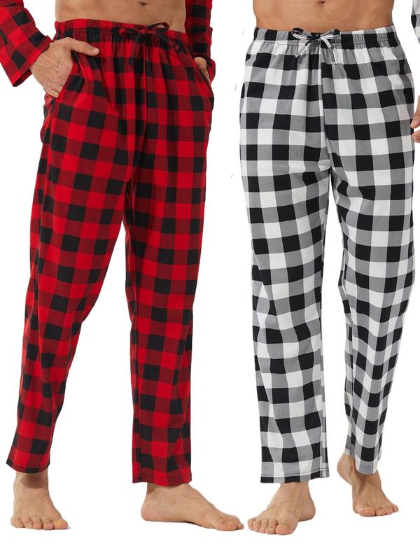 Men's Plaid Print Tie Front Pajama Pants, Casual Comfy Elastic Waist Pocket Lounge Pants, Men Sleepwear for Spring & Fall