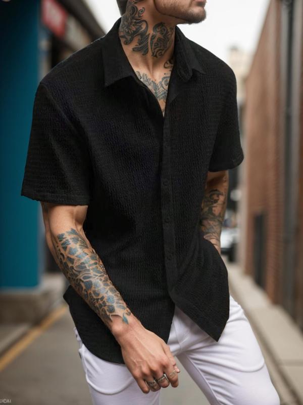 Men's Solid Color Button Front Shirt, Loose Casual Streetwear Short Sleeve Collar Shirt for Summer, Summer Outfits, Men's Shirts Clothing for Daily Wear