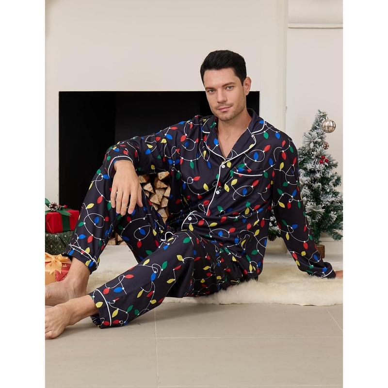 Christmas Pajamas Set for Men Xmas Pjs Holiday Soft Sleepwear Button Down Loungewear with Pockets