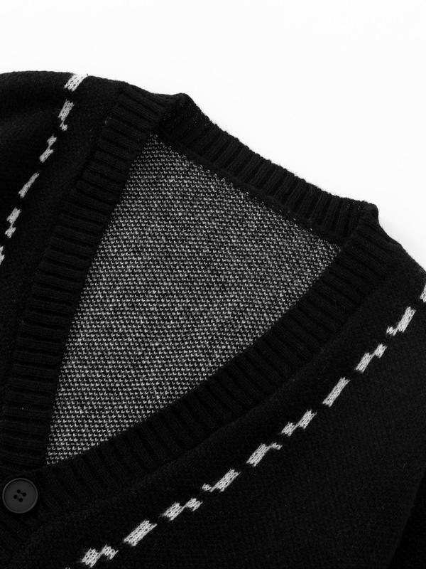 Men's Contrast Binding Button Front Cardigan, Regular Fit Casual Drop Shoulder Long Sleeve V Neck Knitwear for Fall & Winter, Men's Knit Clothing for Daily Wear