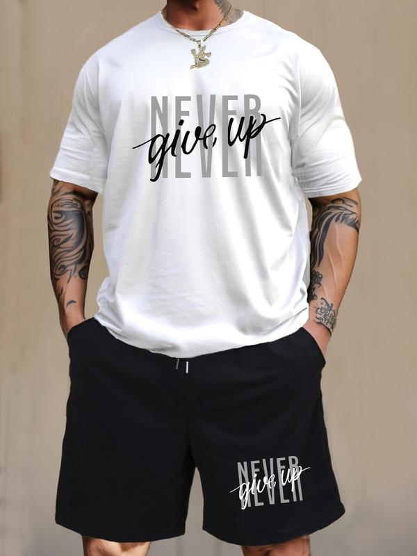 Two-Piece Set Men's Letter Print Tee & Drawstring Waist Pocket Shorts Suits Set, Summer Clothes, Back To School Outfits, Regular Fit Round Neck Short Sleeve T-Shirt & Track Shorts for Outdoor Daily Formal Wear, Summer Outfits 2024, Casual Summer Clothes