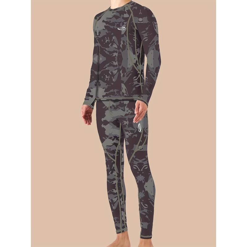 Men's camouflage print thermal underwear, wool autumn clothing set, winter hunting outdoor running cycling skiing equipment sports