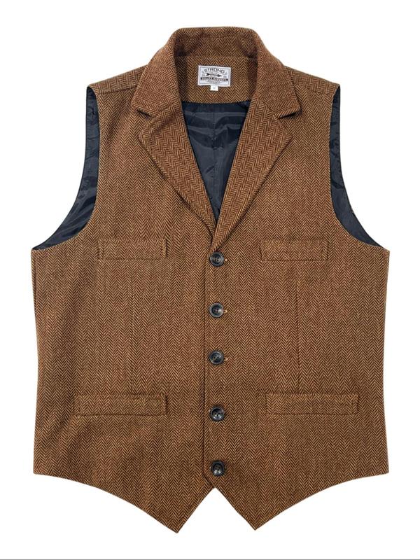 Men's Herringbone Pattern Button Front Lapel Neckline Vest Blazer, Regular Fit Asymmetrical Hem Sleeveless Suit Vest for Work Office Business, Men's Clothes for Fall & Winter