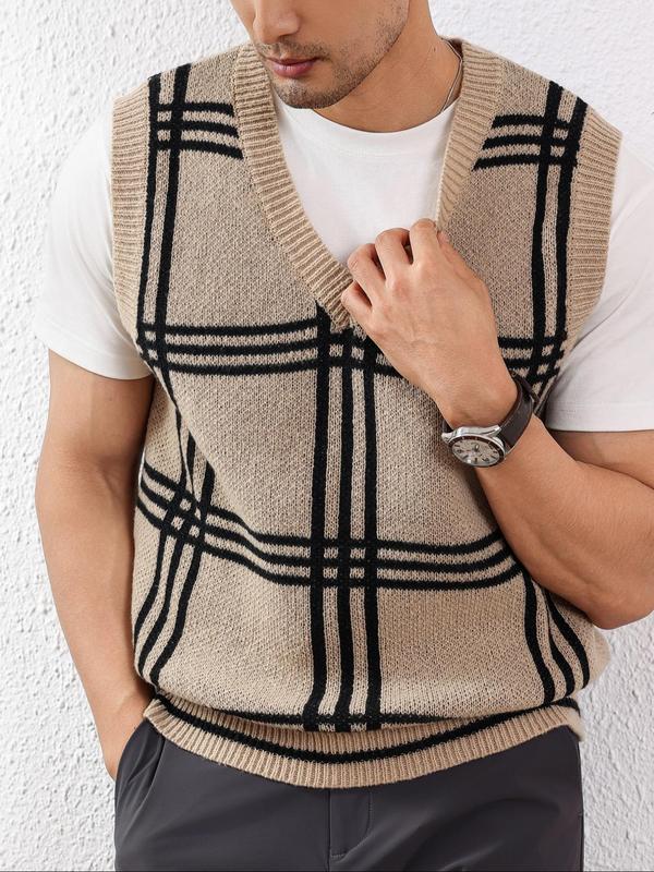 Men's Plaid Print V Neck Sweater Vest, Regular Fit Casual Sleeveless Knitwear for Spring & Fall, Fashion Men's Knit Clothing for Daily Wear