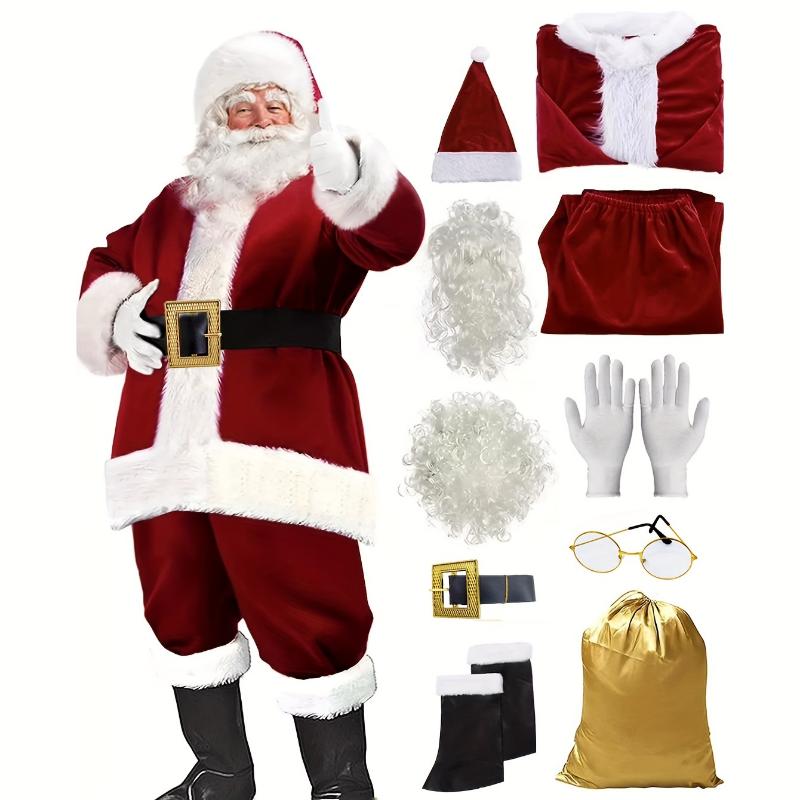 7pcs 10pcs Set Christmas Decoration Luxury Wine Red Velvet Santa Claus Costume (Adult One Size Fits All), Classic Men's Santa Claus Suit, Christmas Costume Christmas Ornaments Gift Holiday Party Role Playing Costume Suitable for Holiday Par