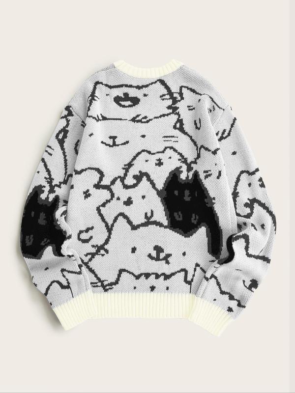 Men's Cartoon Cat Print Drop Shoulder Sweater, Fashion Casual Soft Comfy Regular Fit Long Sleeve Round Neck Jumper For Summer, Men's Knitwear For Daily Wear