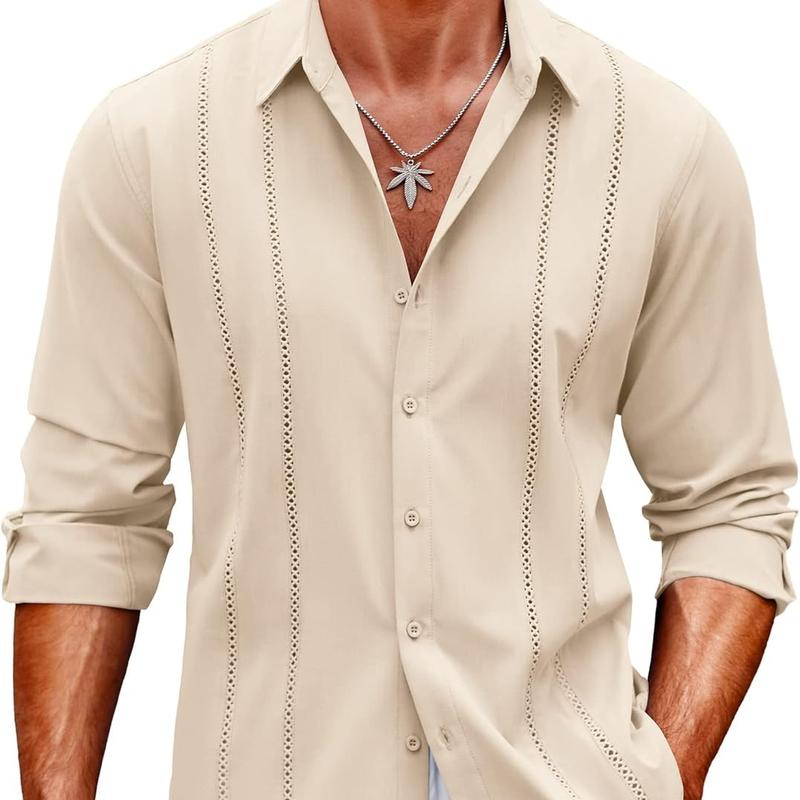 coofandy Men's Cuba Guayabera Exquisite Hollow Embroidered Button Front Shirt, Long sleeved Summer Beach Shirt Casual Regular Fit Long sleeved Collar Top, Elegant and Comfortable Men's Top, Suitable for Home, Date, and Dinner