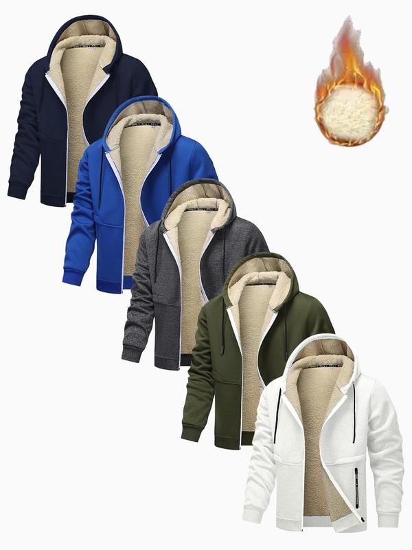 Men's Solid Zip Up Fleece Jacket, Regular Fit Casual Long Sleeve Drawstring Pocket Hooded Jacket for Fall & Winter, Men's Outerwear for Daily Wear