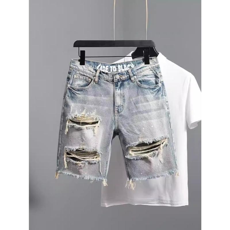 Retro Washed Distressed Raw Hem Ripped Denim Shorts Men's Pu Handsome Straight Beggar Fifth Wide-Leg Pants