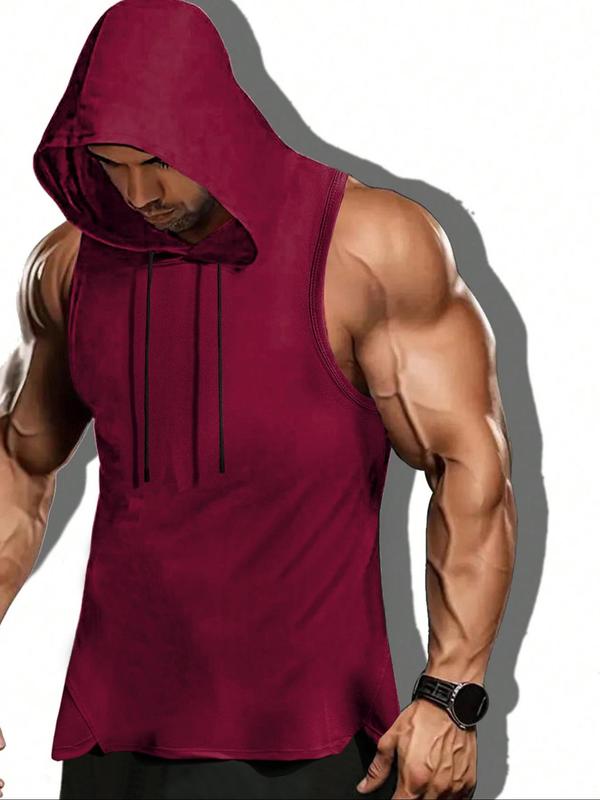 Men's Solid Drawstring Hooded Tank Top, Casual Streetwear Regular Fit Sleeveless Top for Summer, Fashion Men's Clothes for Daily Wear, Tank Tops for Men, Summer Outfits Gym Clothing