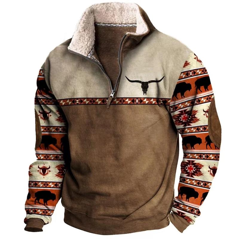 Men's Western Fleece Jacket Cowboy Bull Head Print Pullover 1 4 Zip Stand Collar Long Sleeve Sweatshirts Tops