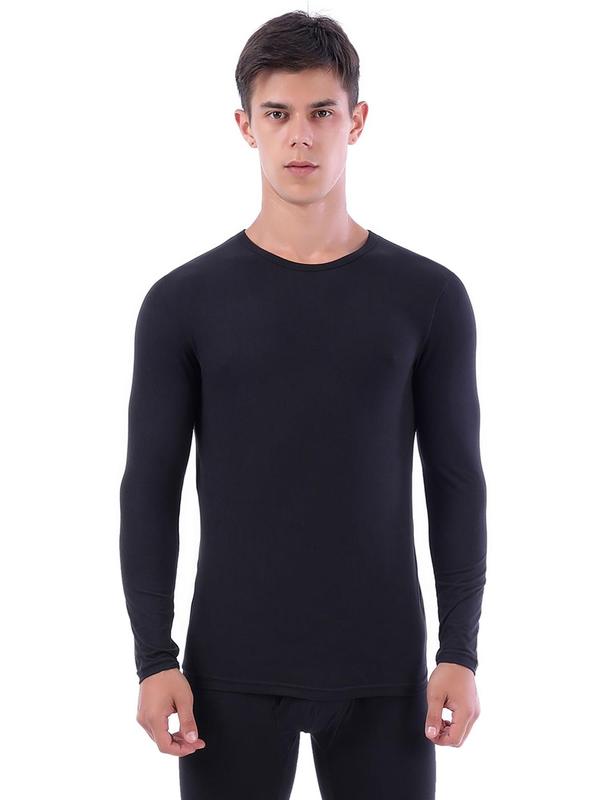 Men's Solid Long Sleeve Thermal Underwear Top, Casual Comfy Warm Round Neck Top for Fall & Winter, Men's Underwear for Daily Wear