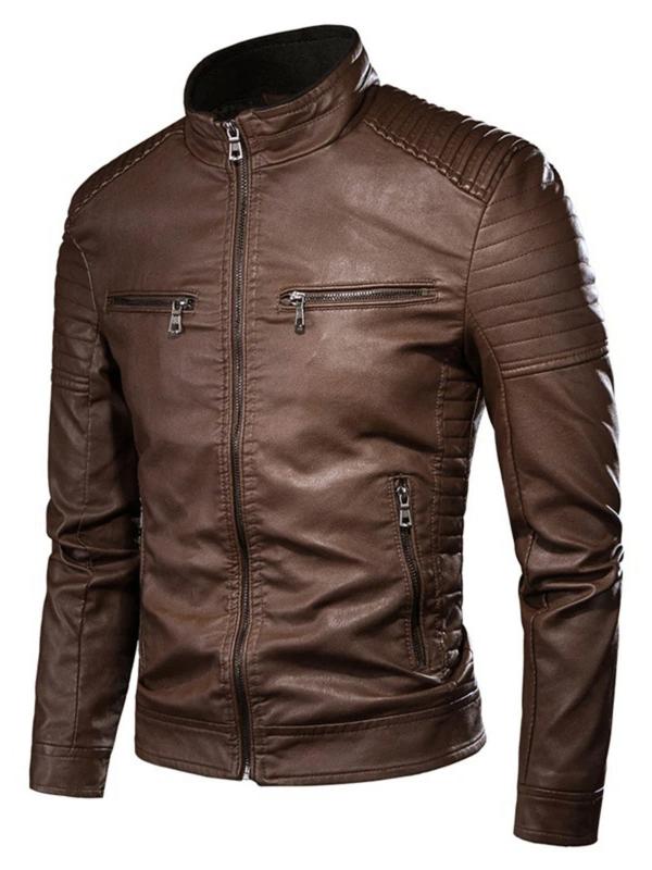 Men's Regular Fit Solid Pocket Zipper PU Faux Leather Jacket, Casual Long Sleeve Stand Collar Outerwear for Fall & Winter, Men's Clothes for Daily Wear Winter Jacket