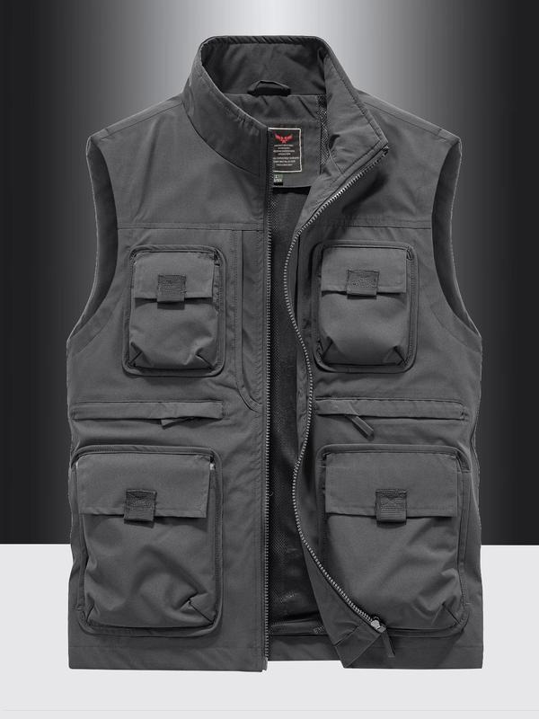 Men's Solid Pocket Zipper Sports Vest, Regular Fit Casual Stand Collar Sleeveless Outerwear for Outdoor Activities, Fashion Men's Clothes for All Seasons