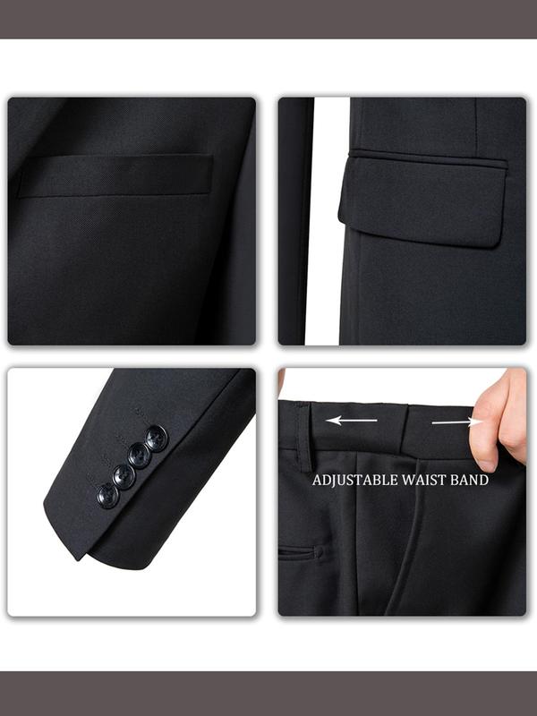 Men's Solid Button Pocket Lapel Neck Blazer & Elastic Waist Pants Suit Set, Regular Fit Long Sleeve Blazer & Pants, Men's Two-piece Outfits for All Seasons