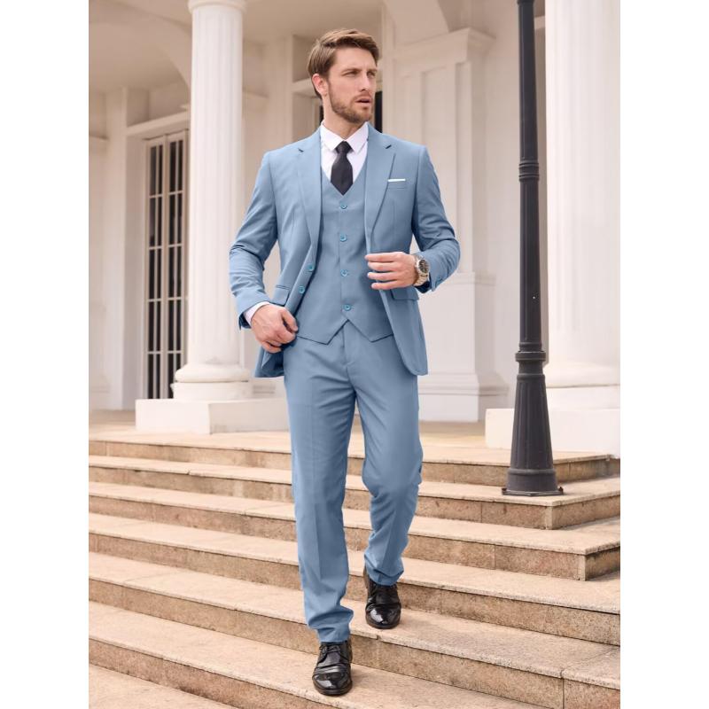 4-Piece Men's Slim Fit Suit Set - Solid Color Blazer Jacket, Vest, Formal Pants, and Matching Tie - Random Color Selection for a Sharp, Put-Together Look