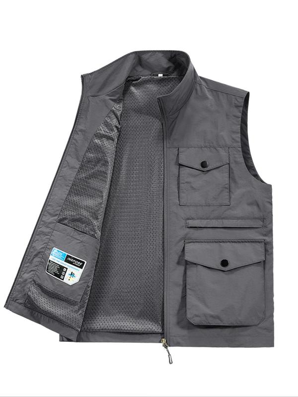 Men's Solid Zip Up Pocket Sports Vest Jacket, Regular Fit Casual Stand Collar Sleeveless Outerwear for Outdoor Activities, Men's Sportswear Clothing for Fall & Winter