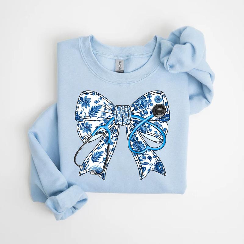 Nurse Stethoscope Bow Sweatshirt - Blue Ribbon Shirt for Nurses - Pullover, Fabric