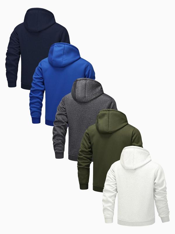 Men's Solid Zip Up Fleece Jacket, Regular Fit Casual Long Sleeve Drawstring Pocket Hooded Jacket for Fall & Winter, Men's Outerwear for Daily Wear